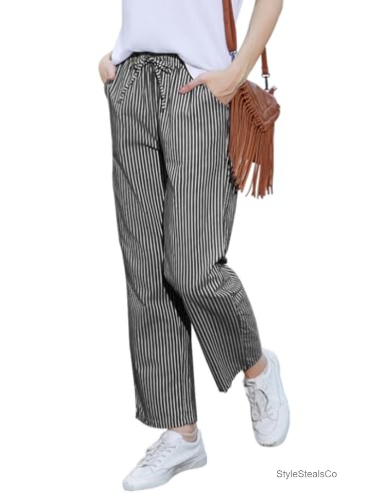Striped Wide Leg High Waist Linen Blend Palazzo Trousers With Pockets